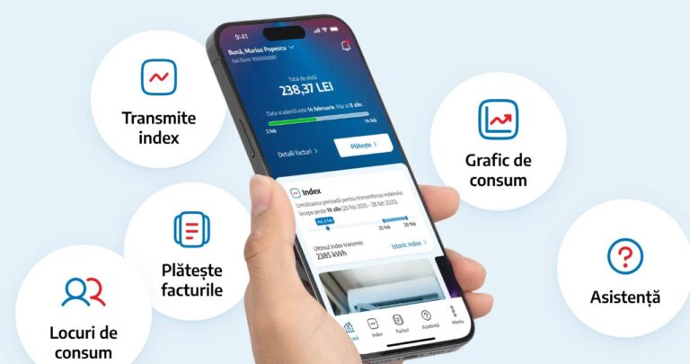 Ecran de telefon afișând aplicația MyElectrica și o factură tipărită